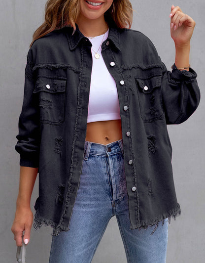 Women's Ripped Distressed Washed Denim Jacket
