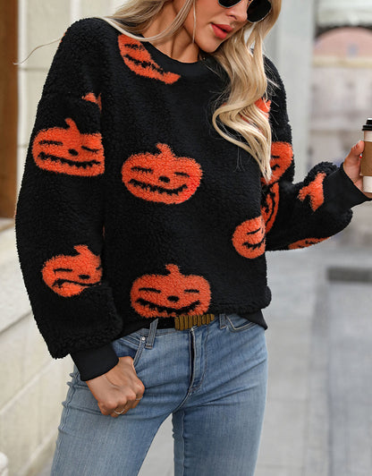 Halloween Thickened Cashmere Long Sleeve Evil Pumpkin Sweater