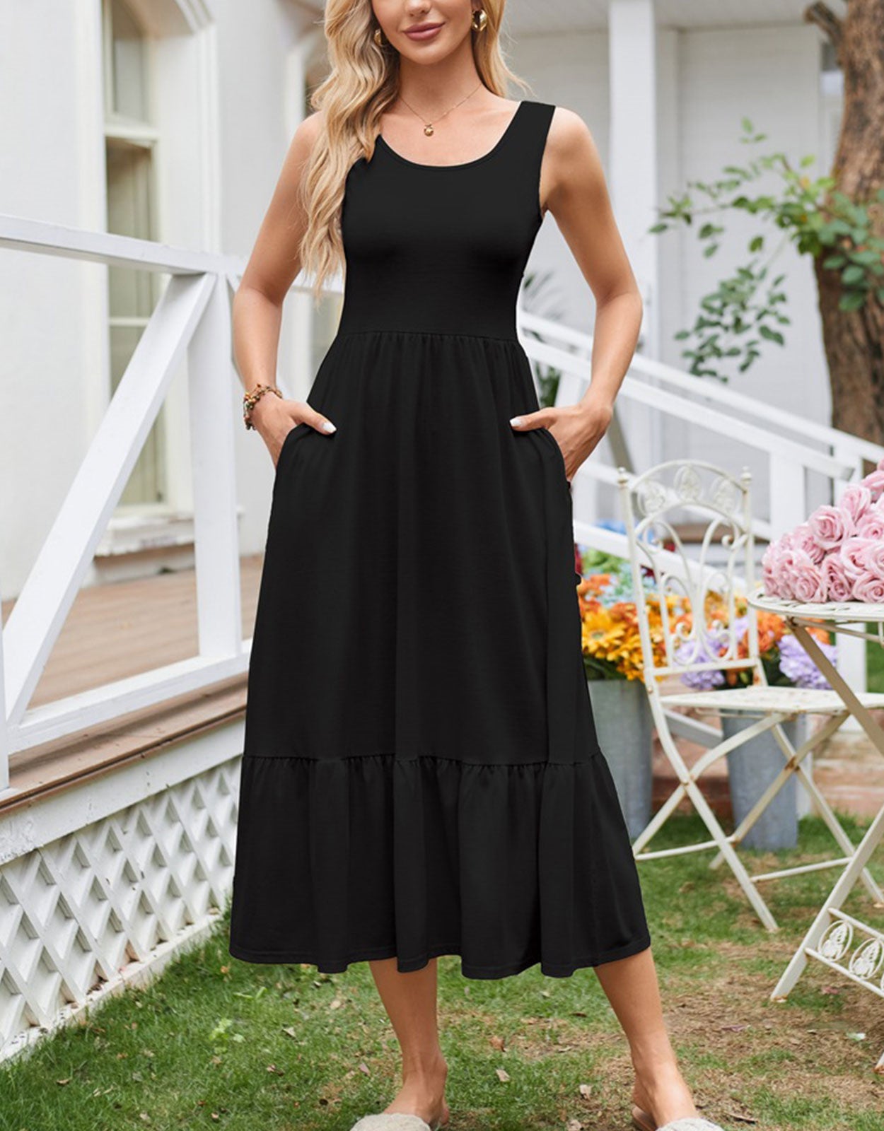 Summer suspender pleated long dress