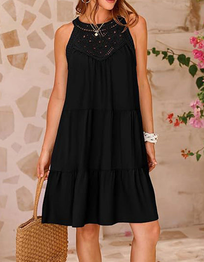Short Sleeve Hollow Print Pleated Mini Dress