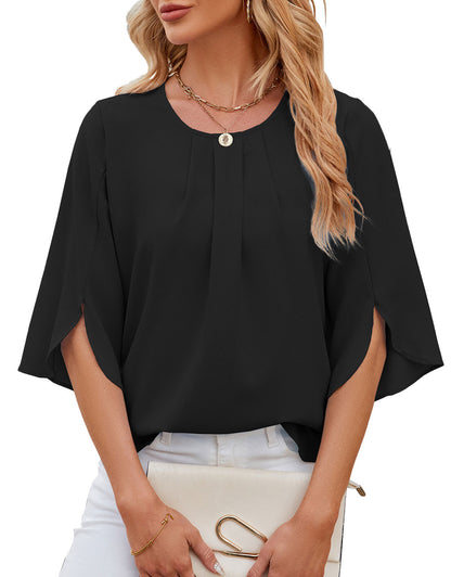 Summer Half-Length Ruffle Sleeve Round Neck Top