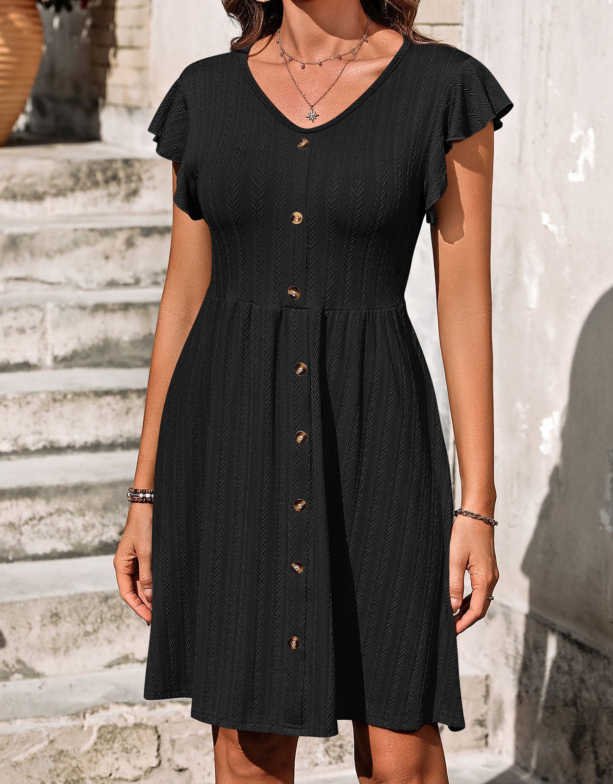 V-neck button knit rattan print short-sleeved dress