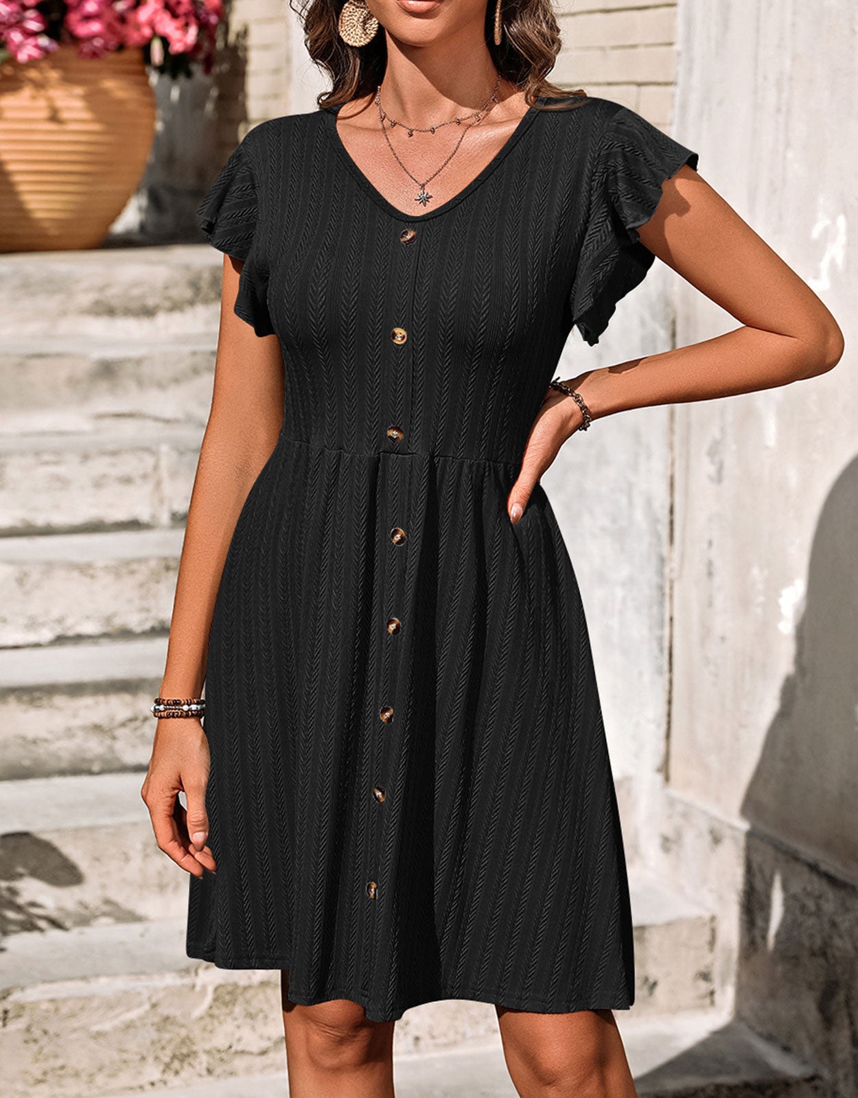 V-neck button knit rattan print short-sleeved dress