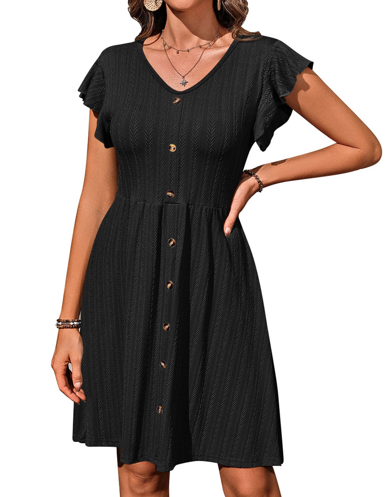V-neck button knit rattan print short-sleeved dress