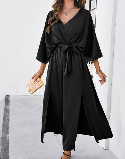 V-Neck Satin High Waist Loose Dress