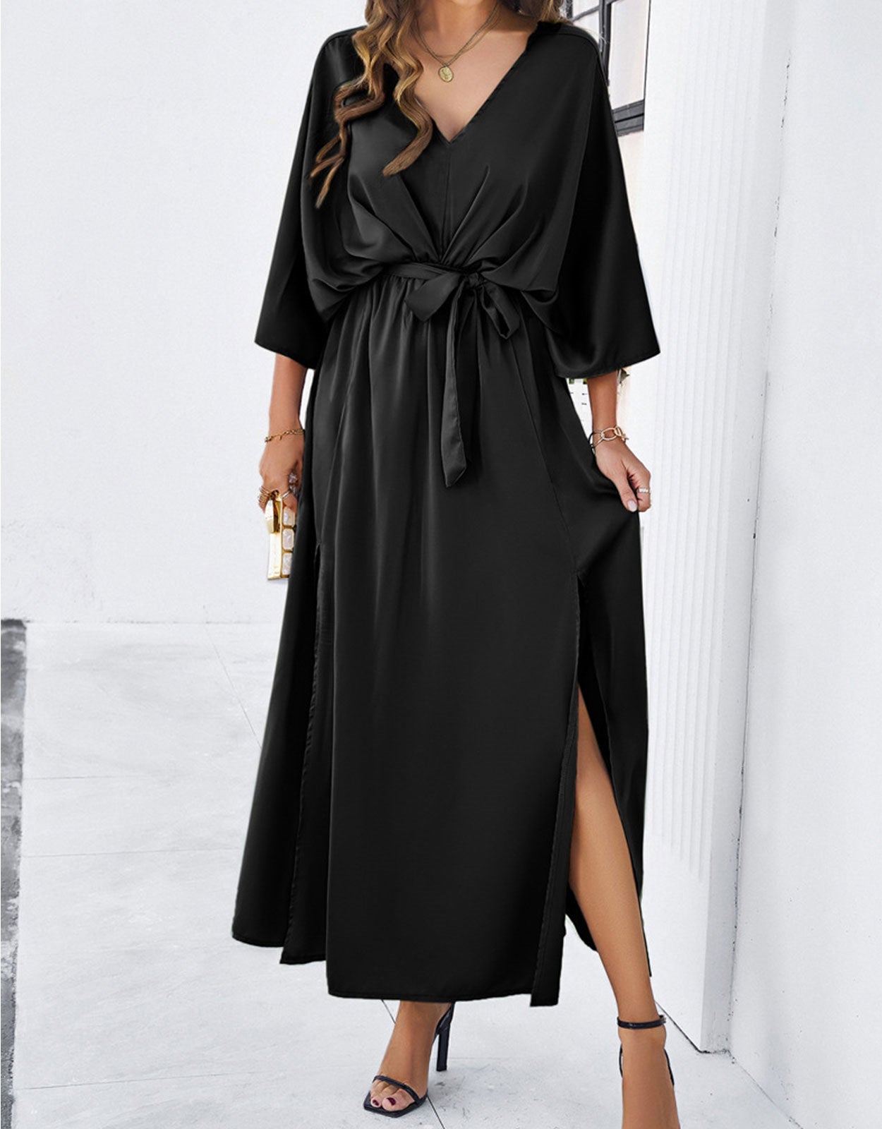 V-Neck Satin High Waist Loose Dress
