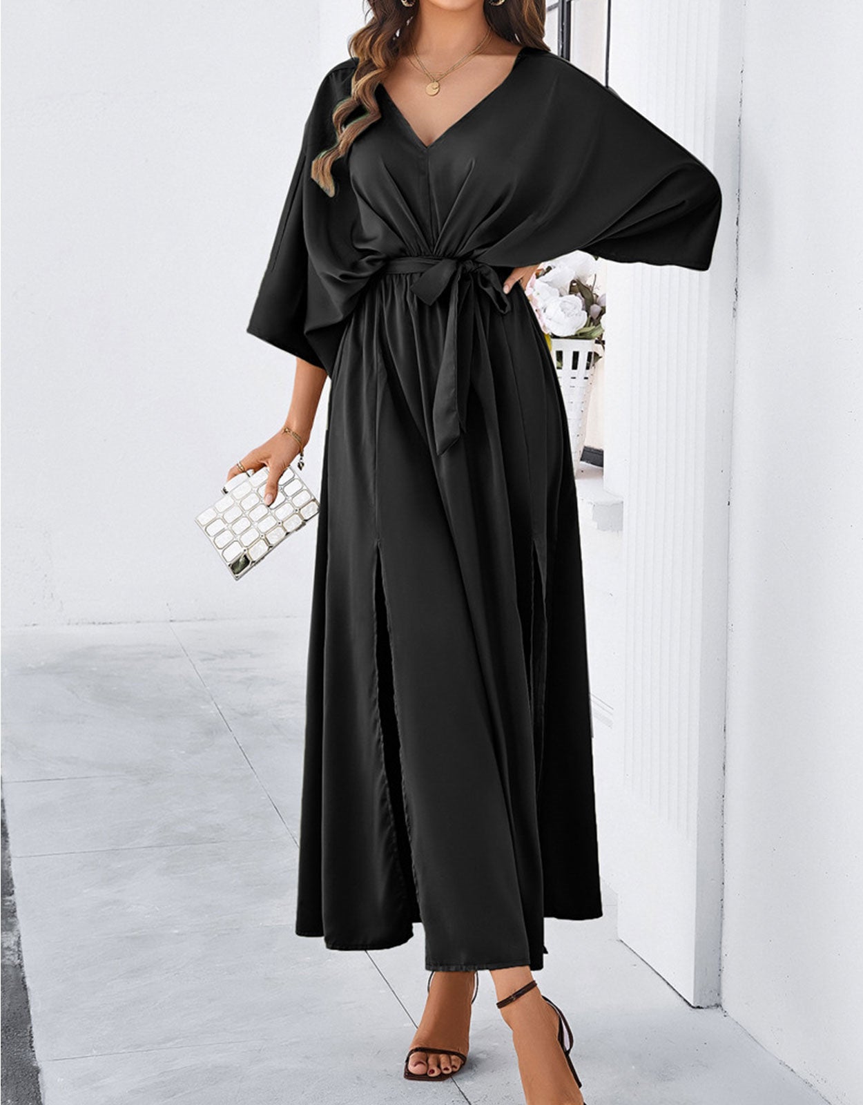 V-Neck Satin High Waist Loose Dress