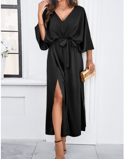 V-Neck Satin High Waist Loose Dress