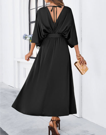 V-Neck Satin High Waist Loose Dress