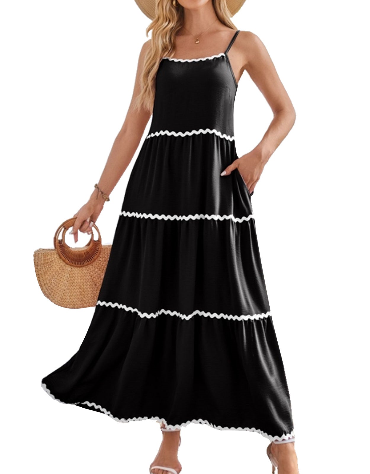 Sleeveless Spaghetti Strap Lace Layered Pocket Dress