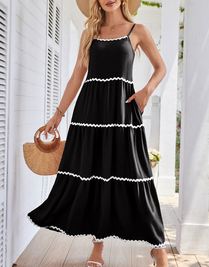 Sleeveless Spaghetti Strap Lace Layered Pocket Dress