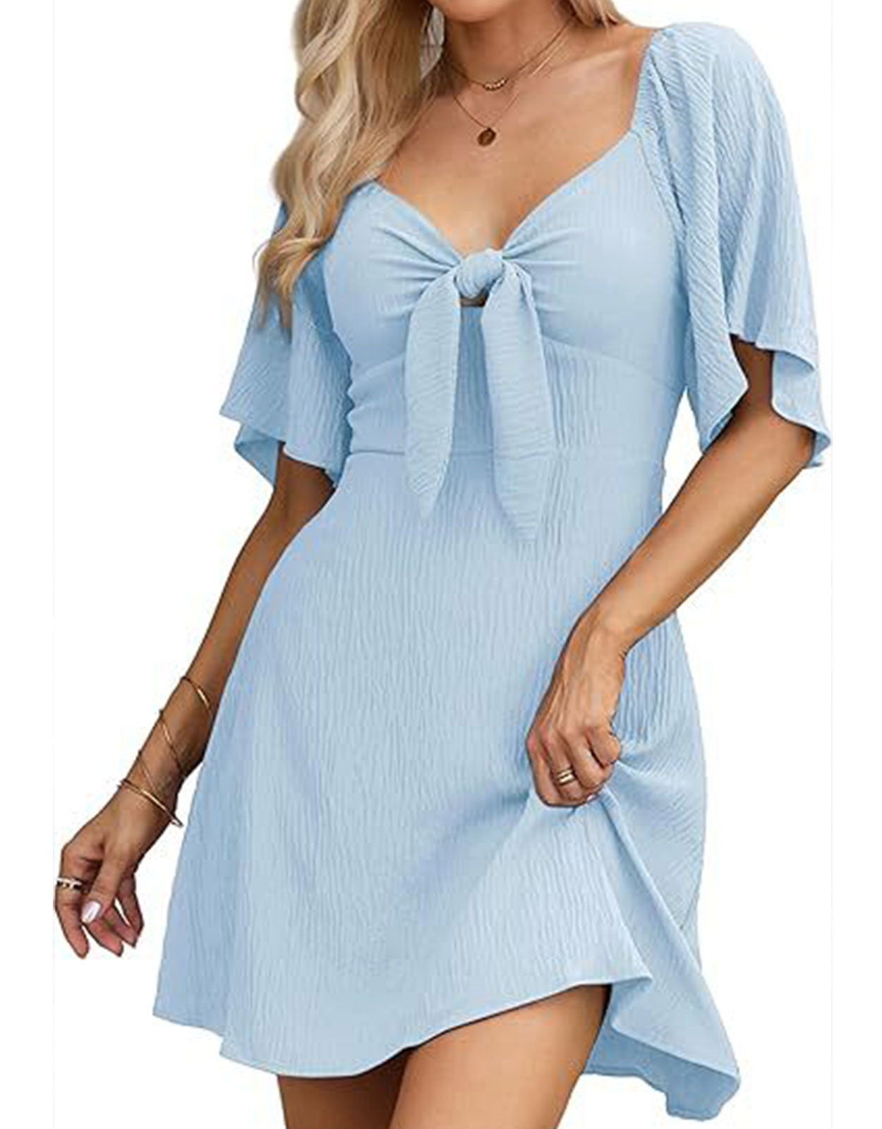 Summer Deep V Neck Ruffle Sleeve Elegant Bow Tie Mini Dress