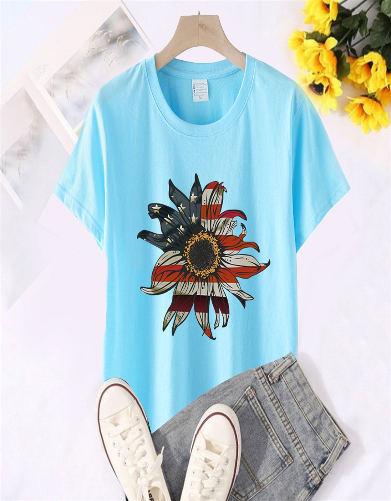 Summer Sunflower Flag Print T-Shirt