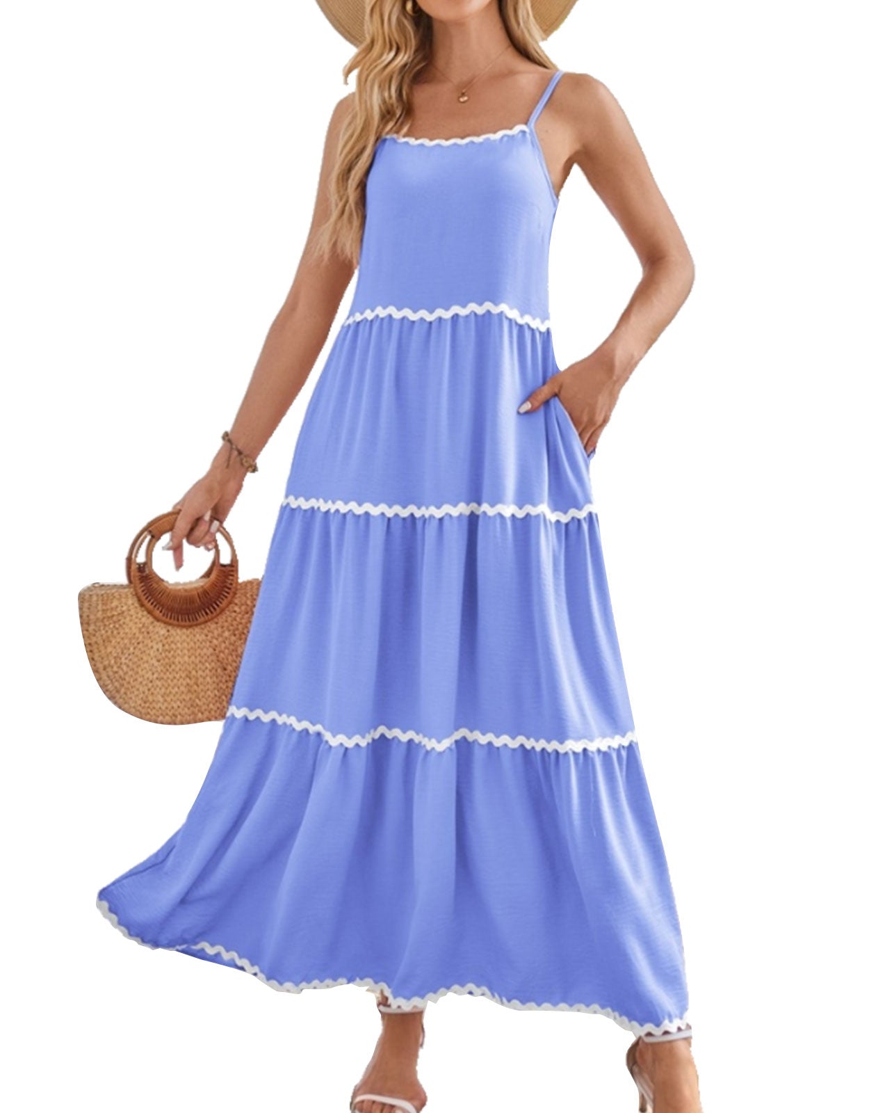 Sleeveless Spaghetti Strap Lace Layered Pocket Dress