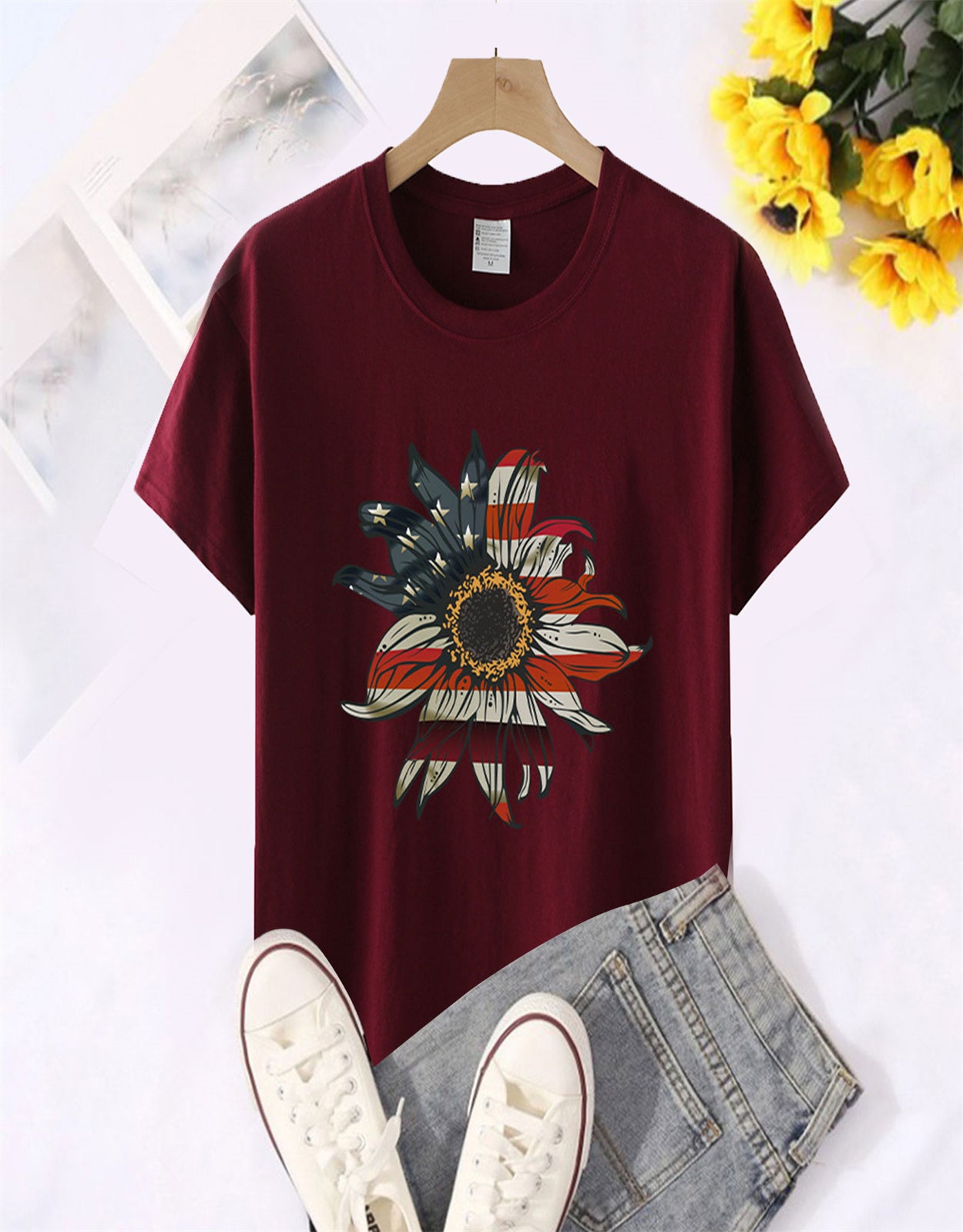 Summer Sunflower Flag Print T-Shirt