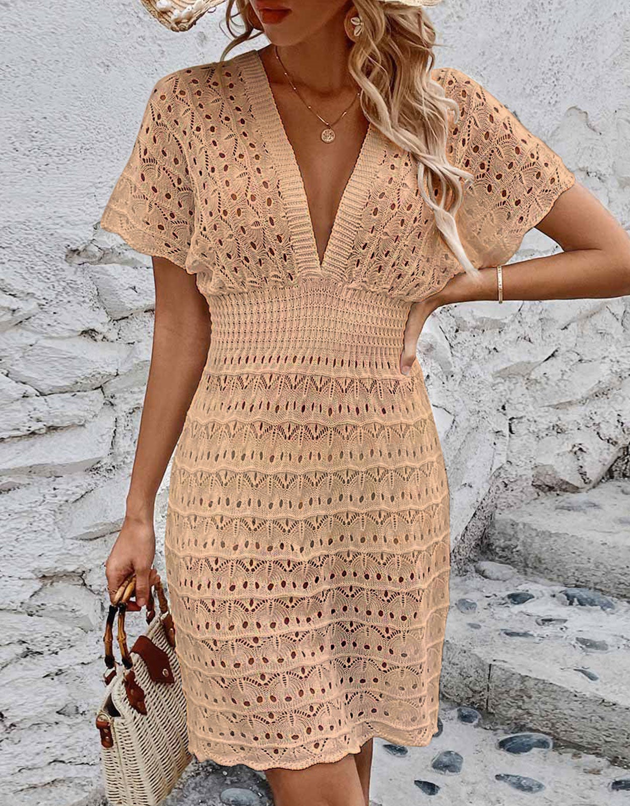 Women's V-neck Waist Hollow Wave Mini Wave Cover-up