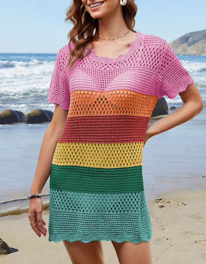 Women's Loose Hollow Short Sleeve Mini Striped Blouse