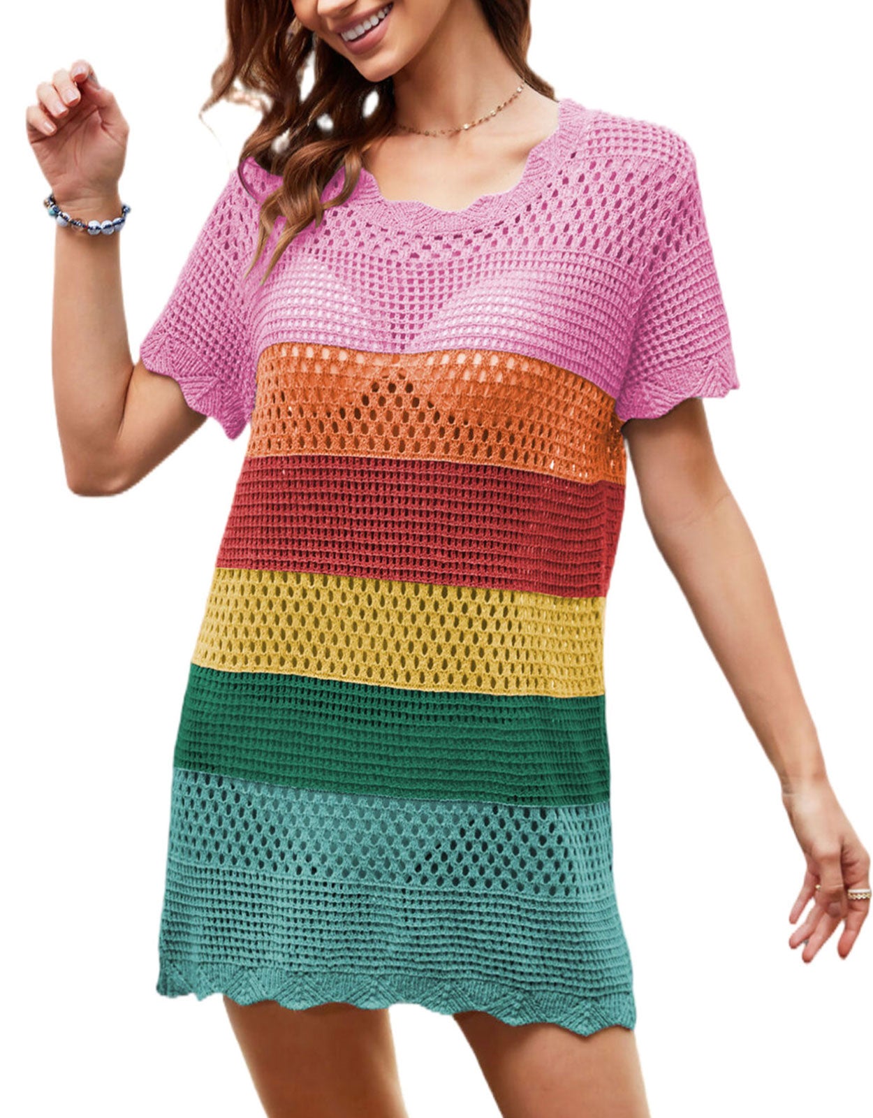 Women's Loose Hollow Short Sleeve Mini Striped Blouse