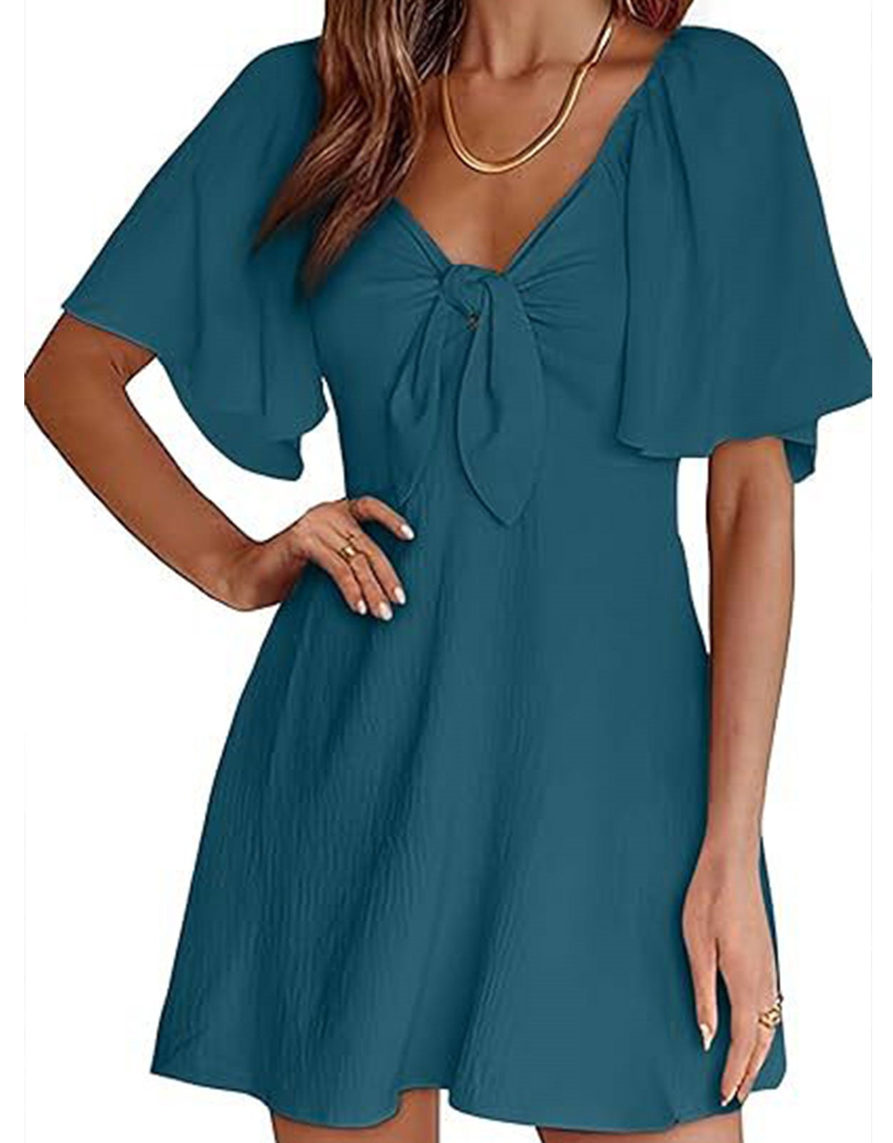 Summer Deep V Neck Ruffle Sleeve Elegant Bow Tie Mini Dress