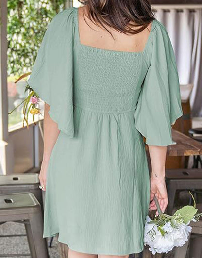 Summer Deep V Neck Ruffle Sleeve Elegant Bow Tie Mini Dress