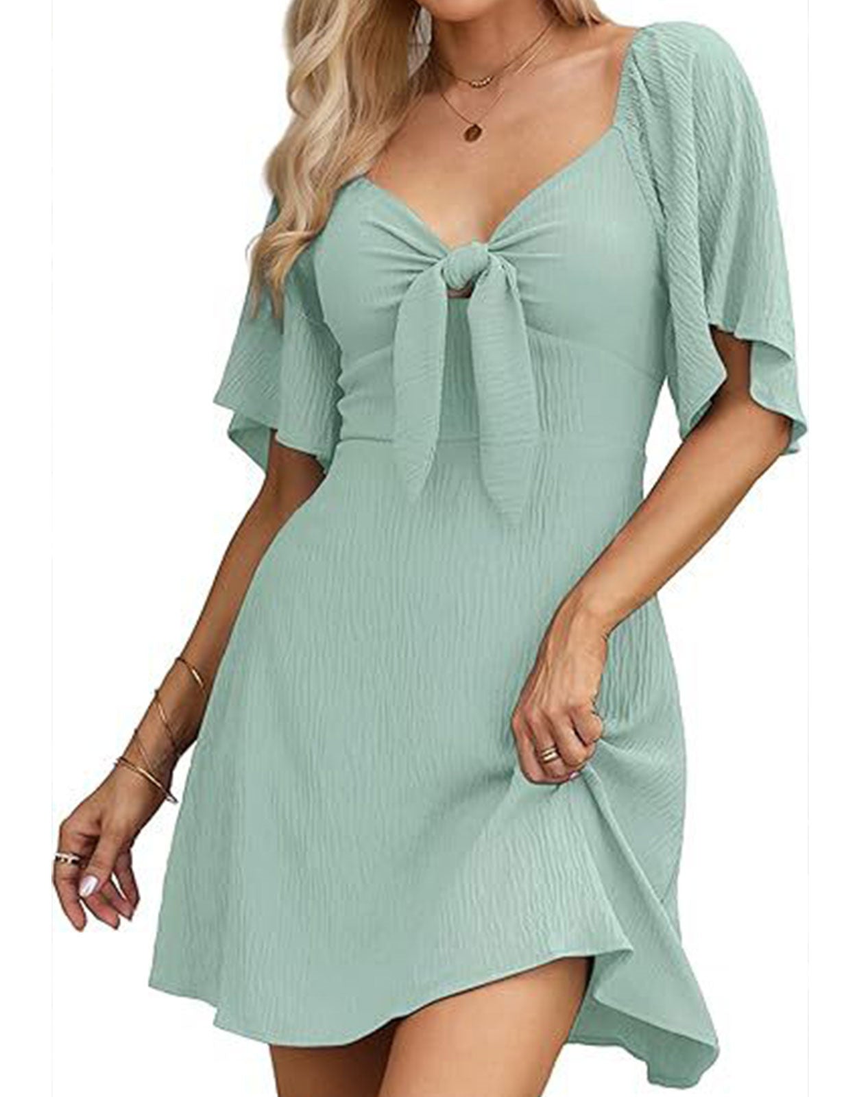 Summer Deep V Neck Ruffle Sleeve Elegant Bow Tie Mini Dress