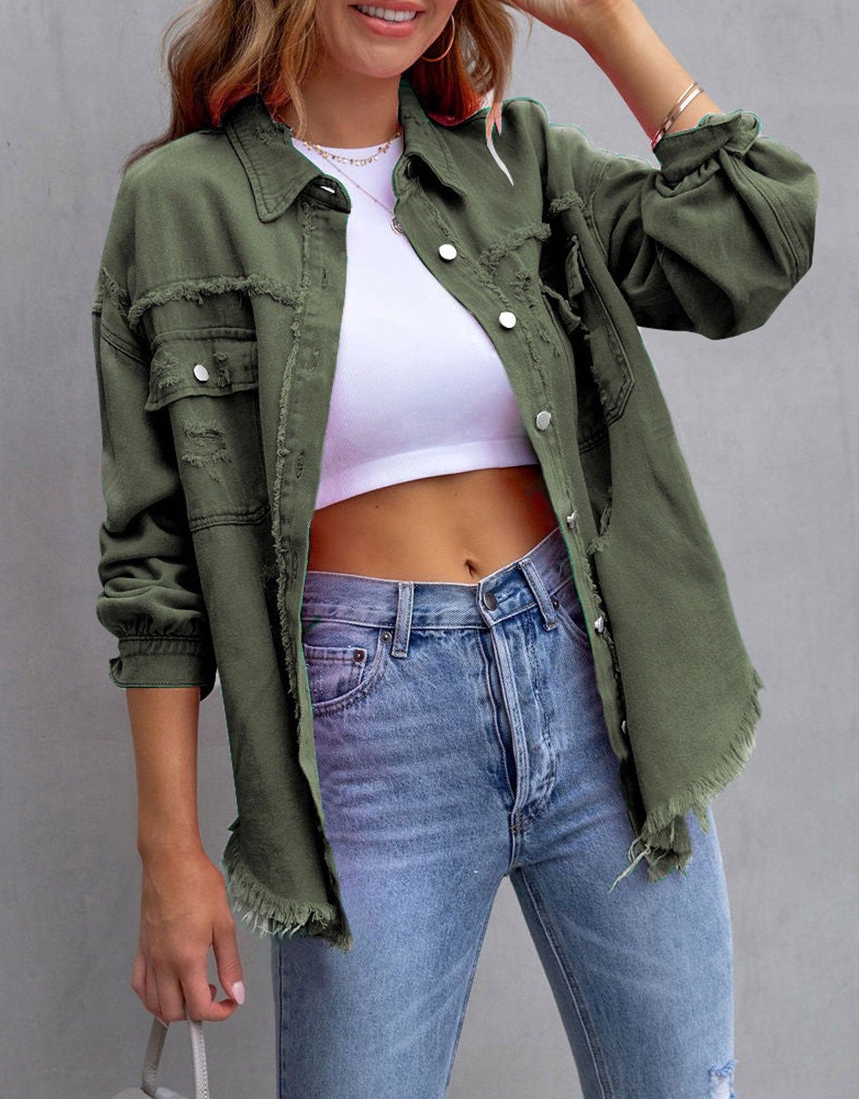 Women's Ripped Distressed Washed Denim Jacket