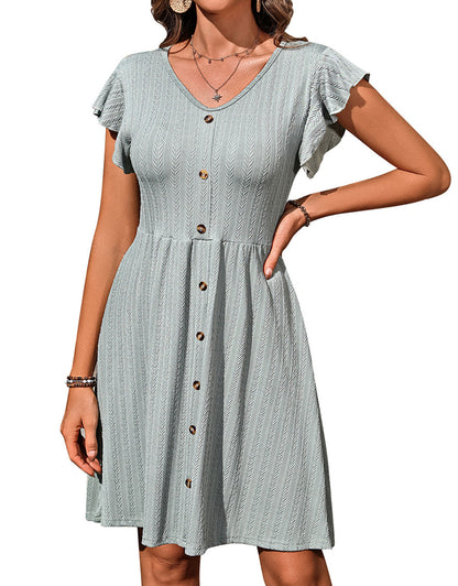 V-neck button knit rattan print short-sleeved dress