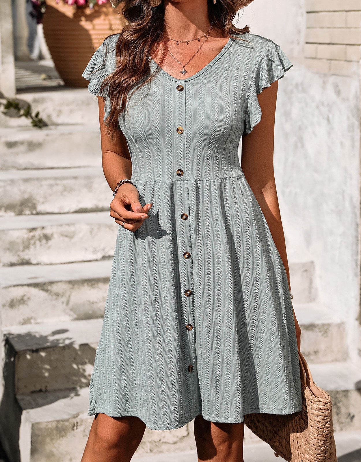 V-neck button knit rattan print short-sleeved dress