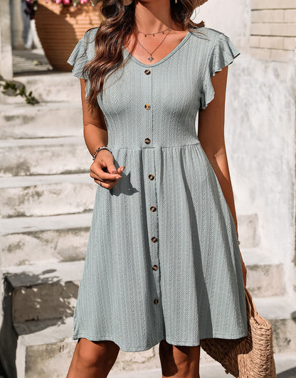 V-neck button knit rattan print short-sleeved dress