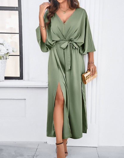 V-Neck Satin High Waist Loose Dress