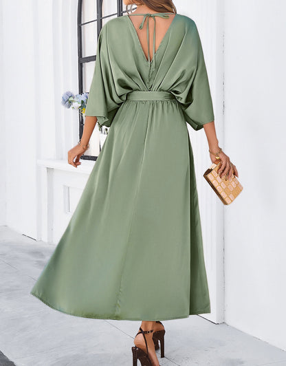 V-Neck Satin High Waist Loose Dress
