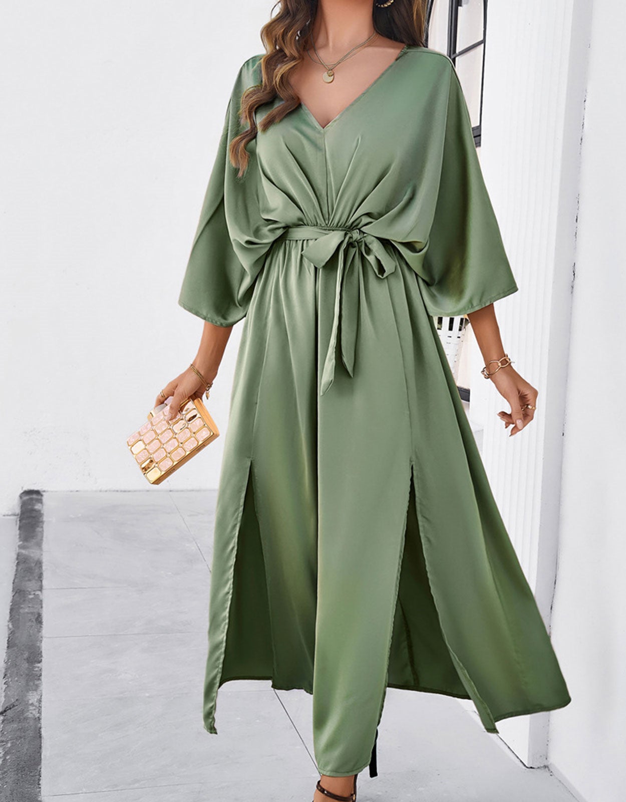 V-Neck Satin High Waist Loose Dress