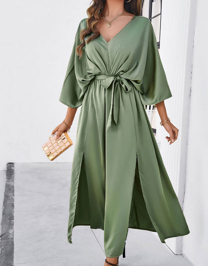 V-Neck Satin High Waist Loose Dress