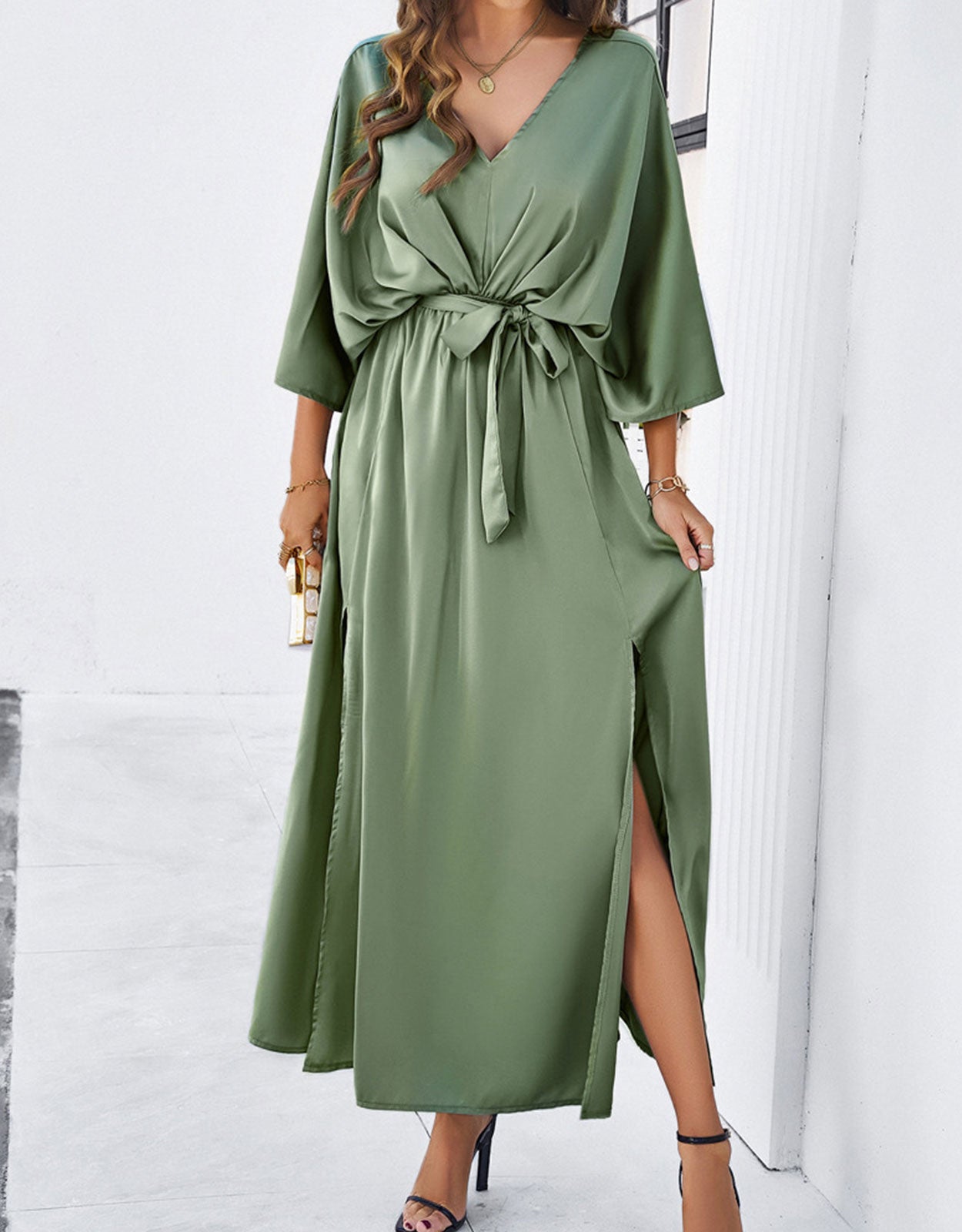V-Neck Satin High Waist Loose Dress