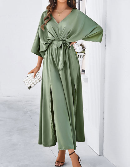 V-Neck Satin High Waist Loose Dress
