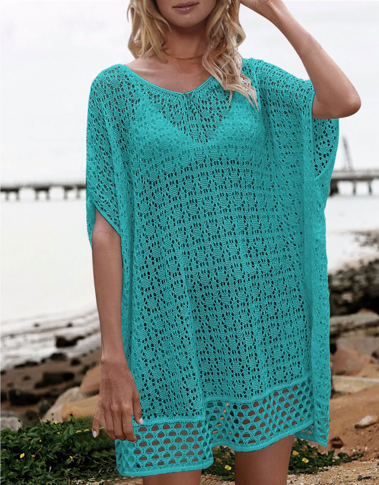 Women's wave loose woven short-sleeved Cover up