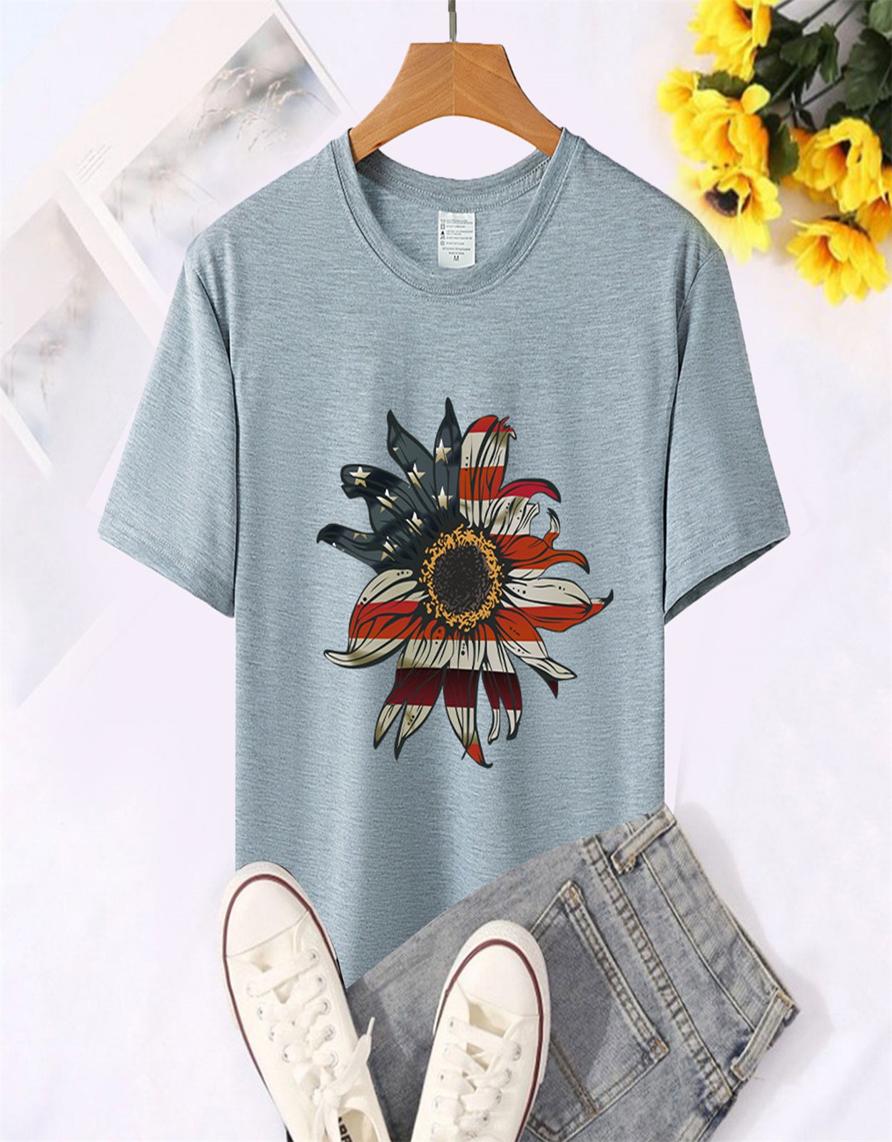 Summer Sunflower Flag Print T-Shirt