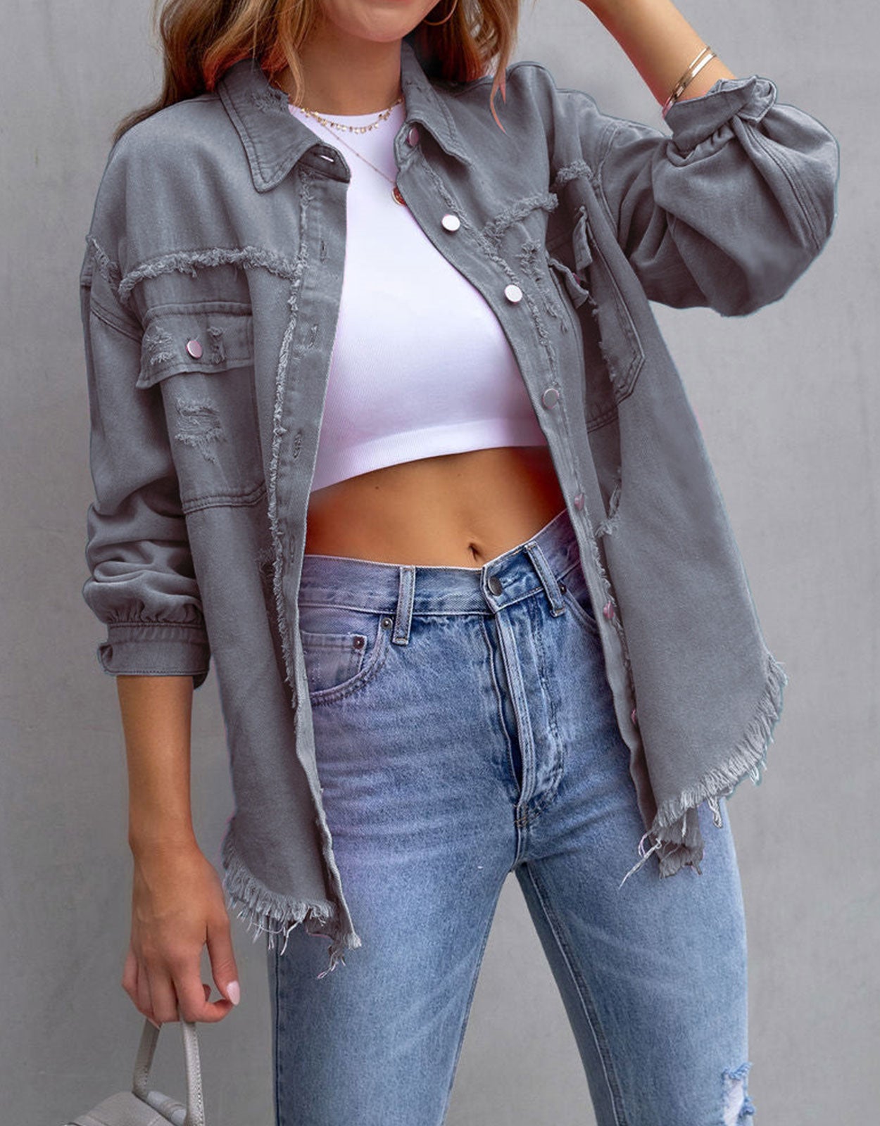 Women's Ripped Distressed Washed Denim Jacket
