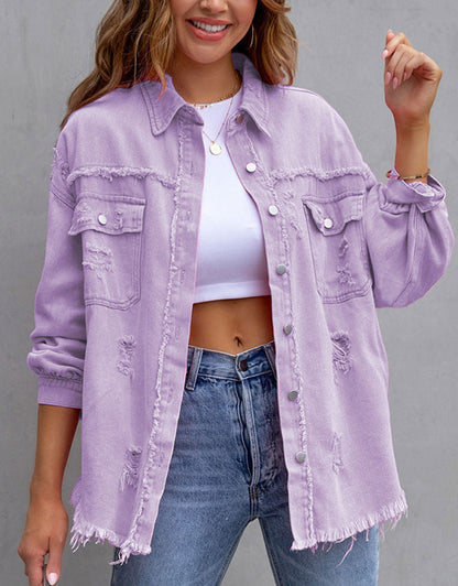Women's Ripped Distressed Washed Denim Jacket