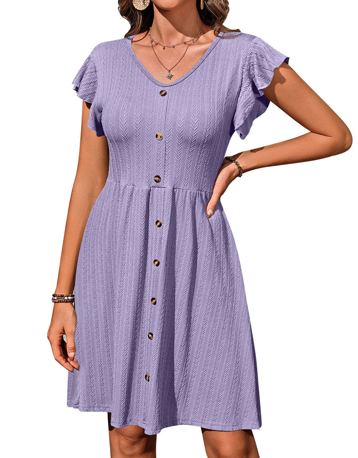 V-neck button knit rattan print short-sleeved dress