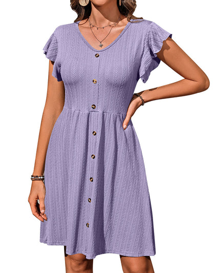 V-neck button knit rattan print short-sleeved dress