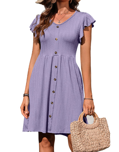 V-neck button knit rattan print short-sleeved dress
