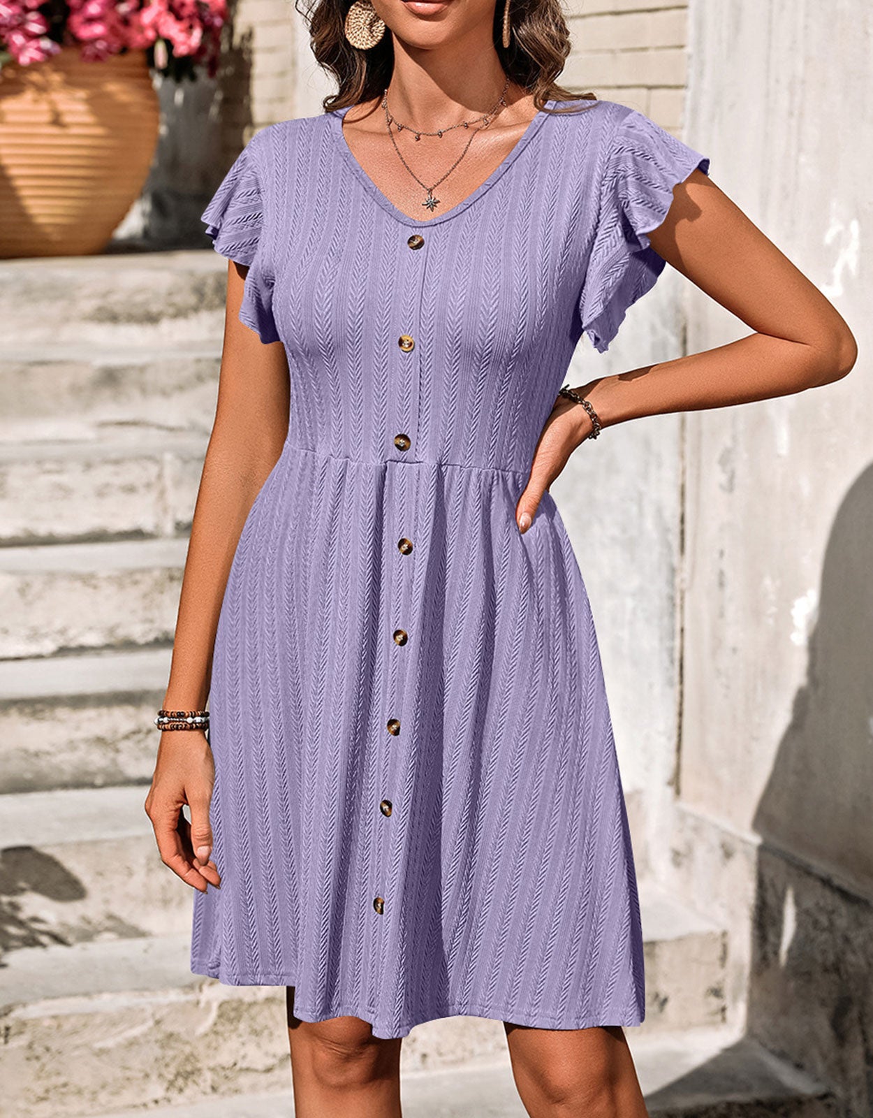 V-neck button knit rattan print short-sleeved dress