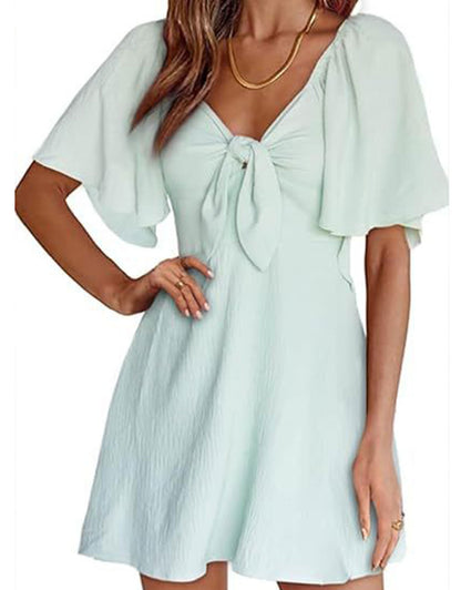Summer Deep V Neck Ruffle Sleeve Elegant Bow Tie Mini Dress