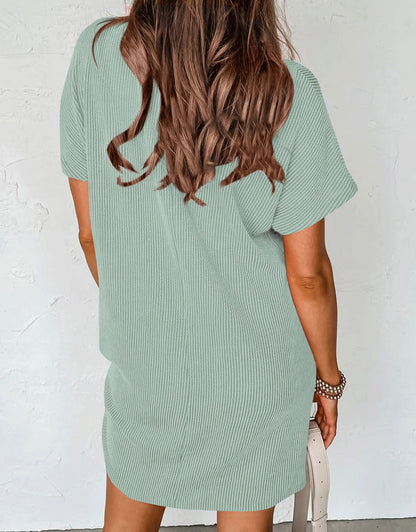 Vertical Stripe Pocket Short Sleeve Mini Dress