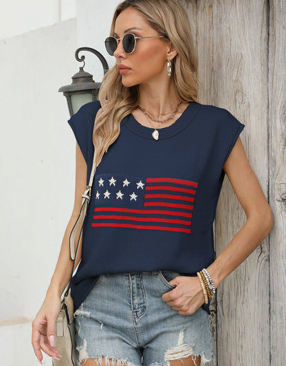 American Flag Loose Short Sleeve Round Neck Sweater