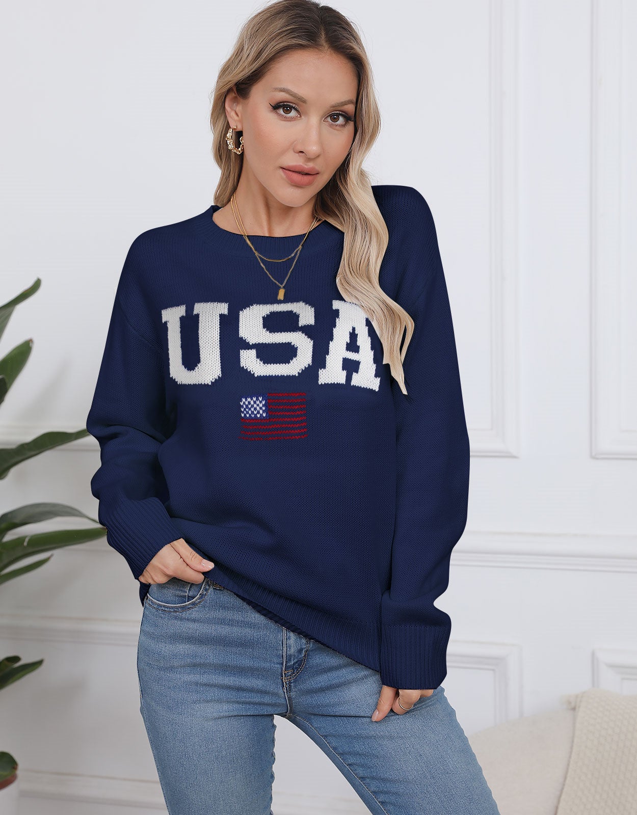 USA Flag Loose Long Sleeve Crewneck Sweater