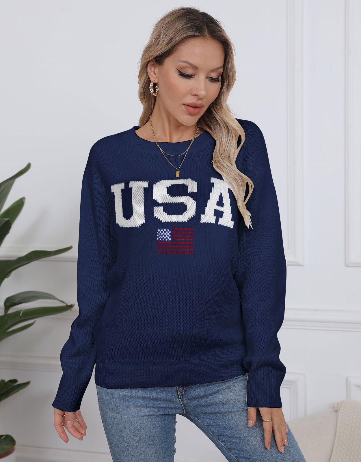 USA Flag Loose Long Sleeve Crewneck Sweater