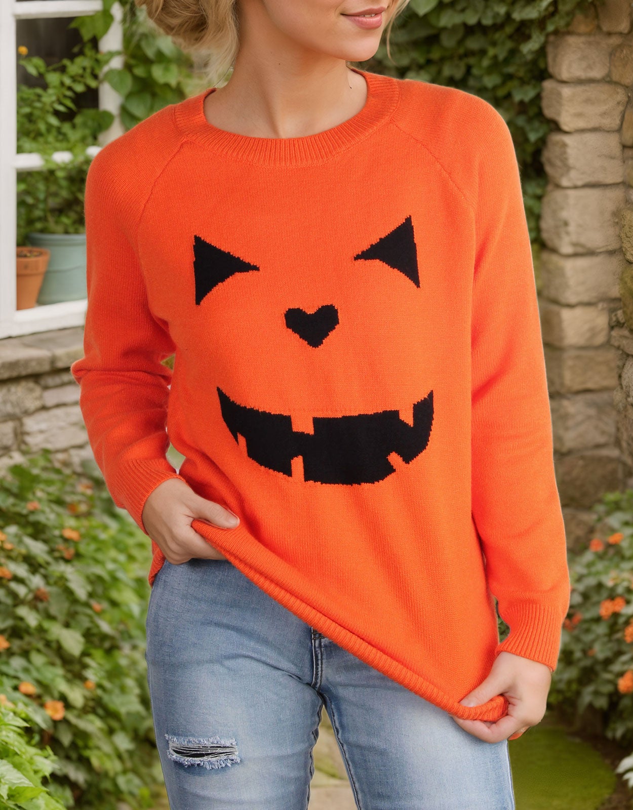 Halloween Round Neck Long Sleeve Evil Smiley Face Sweater