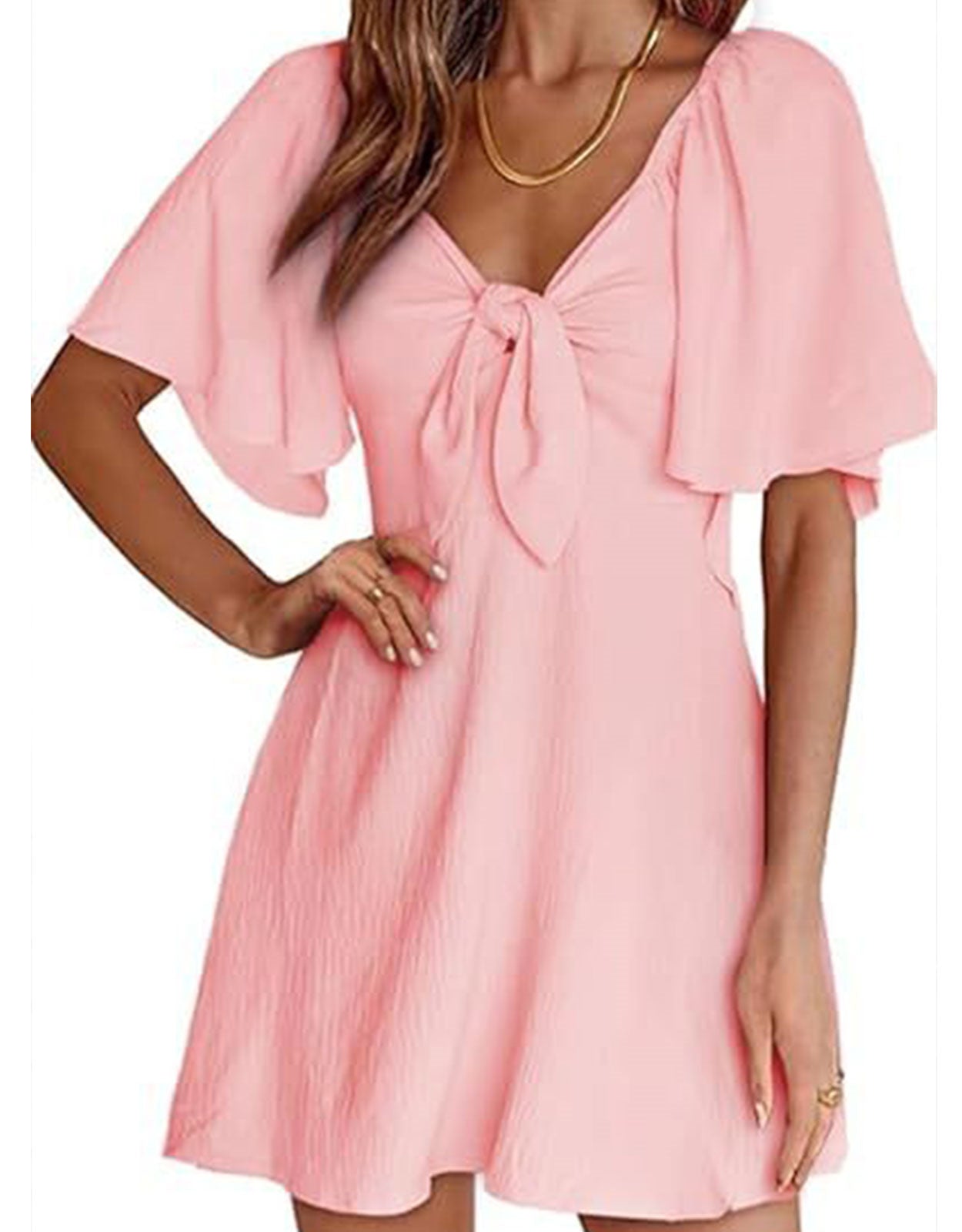 Summer Deep V Neck Ruffle Sleeve Elegant Bow Tie Mini Dress